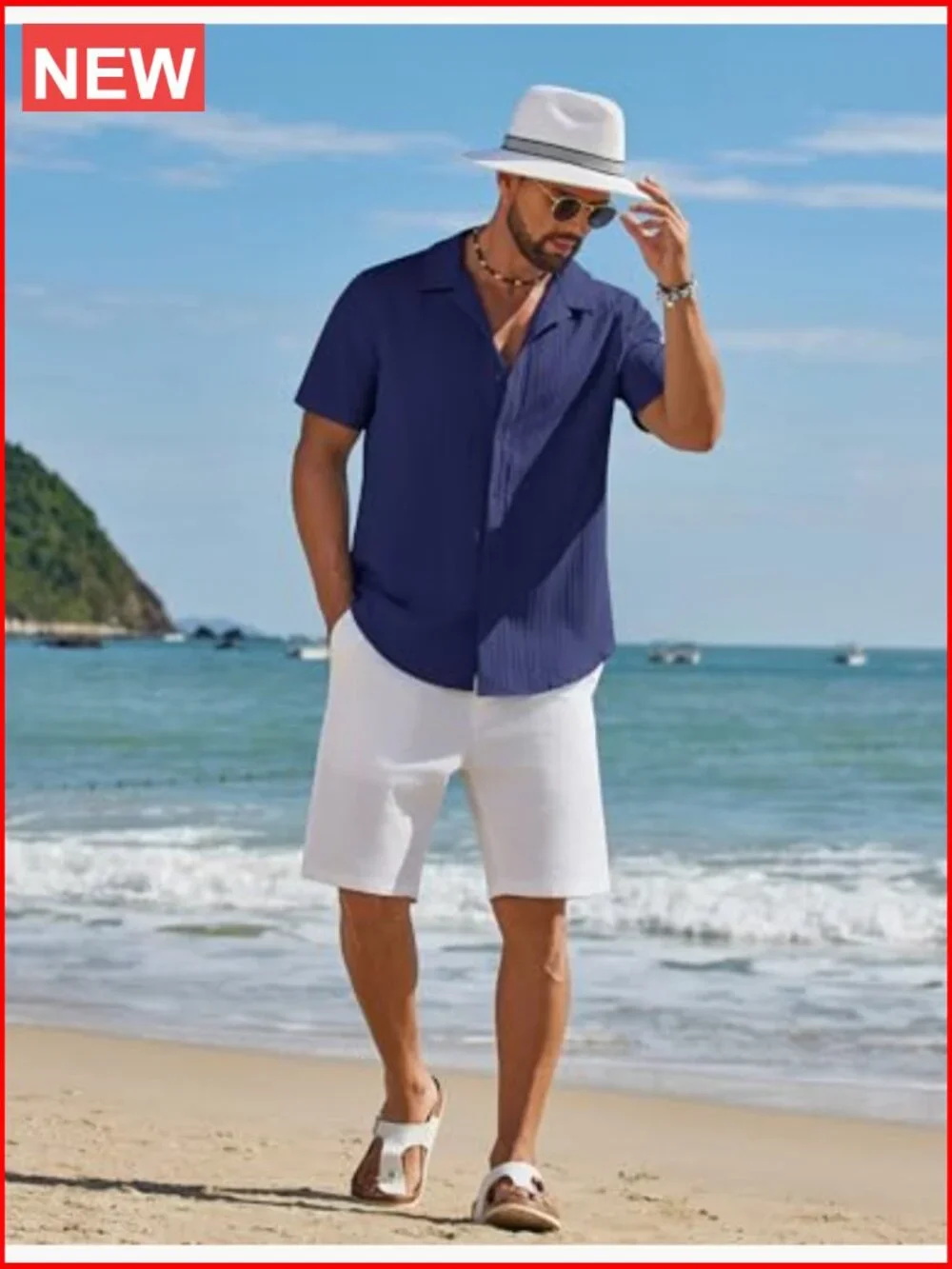 Short Sleeve Textured Button Down Summer Beach Shirt Casual - Picture 3 of 7